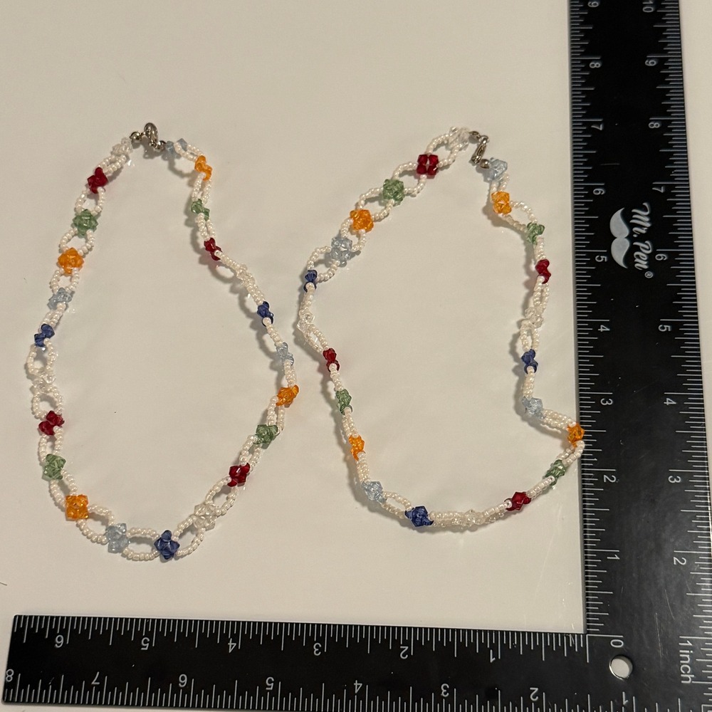 Handmade Beaded Necklace Colorful Flower Design Silver Tone Clasp 2 in 1 Womens